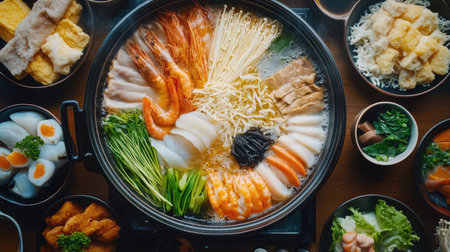 A detailed shot of a shabu-shabu meal with a variety of ingredients like seafood, vegetables, and noodles, neatly arranged around the bubbling hot pot. -の素材