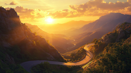 A sunset view of a mountain road with the sun casting a warm glow over the landscape, highlighting the winding path and the surrounding mountain scenery.の素材