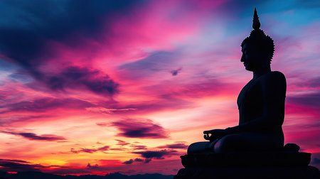 A dramatic silhouette of a Buddha statue against a vibrant sunset sky, with the serene and meditative pose highlighted by the colorful backdrop.の素材