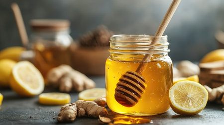A jar of honey with a wooden dipper, surrounded by ingredients like lemon slices and ginger, suggesting a natural remedy or soothing drink.の素材