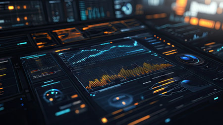 A panoramic view of a 3D data visualization dashboard, with various 3D graphs and charts displayed on a high-tech interface, showcasing a comprehensive analysis.の素材