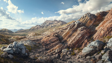 A panoramic view of a rugged mountain range with visible rock strata and geological formations, highlighting the exposed Earth's crust in a natural setting. -の素材