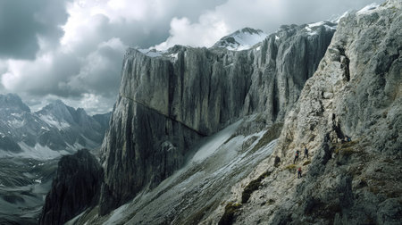 A rugged mountain range with a dramatic cliff face, with rock climbers visible as tiny specks, emphasizing the immense scale and challenge of the terrain.の素材