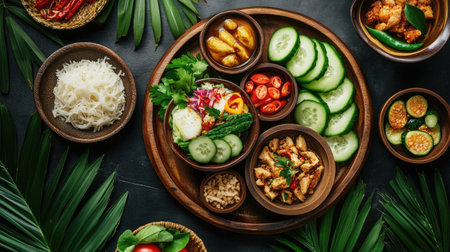 A top-down shot of with a variety of side dishes including sliced cucumbers, tomatoes, and pickled radish, showcasing a complete and flavorful Thai breakfast spread.の素材