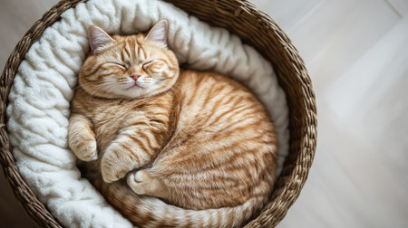 A top-down view of a chubby cat curled up in a basket with soft bedding, showing its round body and content face, highlighting its cozy and cute resting place.の素材