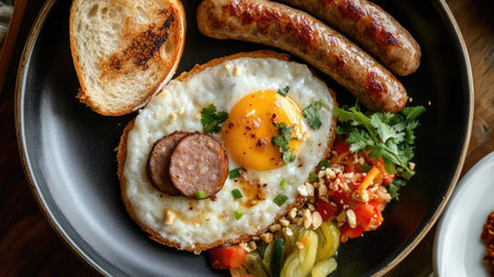 A top-down view of served with a side of Thai-style sausage, pickled vegetables, and a slice of crusty baguette, showcasing a delicious and satisfying breakfast plate.の素材