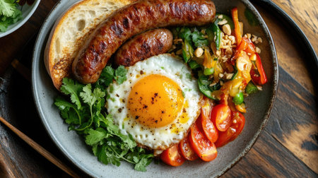 A top-down view of served with a side of Thai-style sausage, pickled vegetables, and a slice of crusty baguette, showcasing a delicious and satisfying breakfast plate.の素材