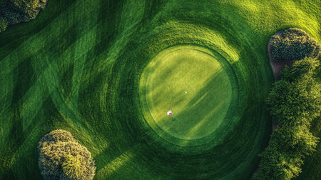 A top-down view of a golf course with a flagstick and hole, showing the rolling terrain and well-manicured greens, with golfers in the distanceの素材