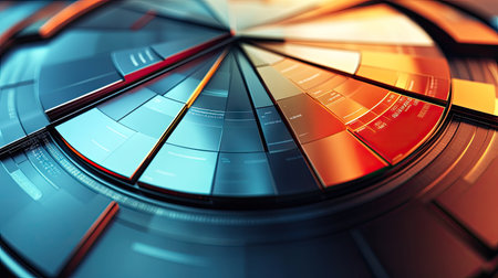 A top-down view of a 3D pie chart representing different financial sectors, with shiny, metallic segments and clear labels indicating various investment categories.の素材