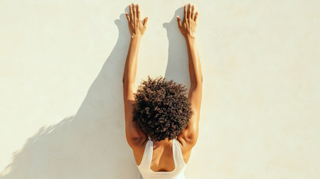 A top-down view of a person stretching their arms upwards, showcasing the flexibility and range of motion of the human body against a bright, neutral background.の素材