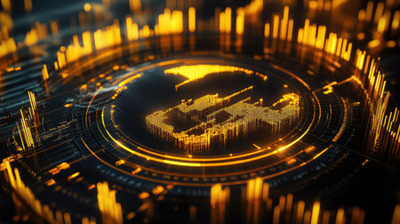 A top-down view of a 3D gold radar chart with multiple golden axes, illustrating financial metrics and performance indicators in an elegant, three-dimensional format.の素材