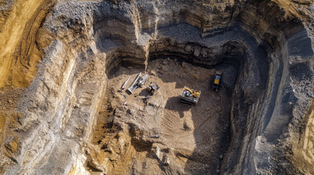A top-down view of a geological excavation site with layers of soil and rock, showing the exposed Earth's crust and the tools used for exploration.の素材