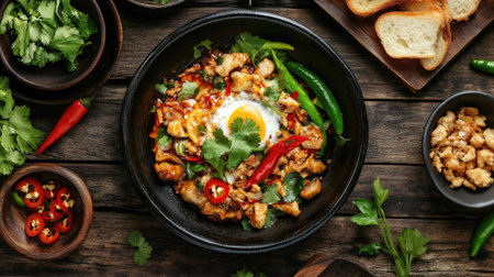 A top-down view of a sizzling served with crispy bread, fresh herbs, and sliced chilies, highlighting a traditional Thai breakfast with vibrant colors and textures.の素材