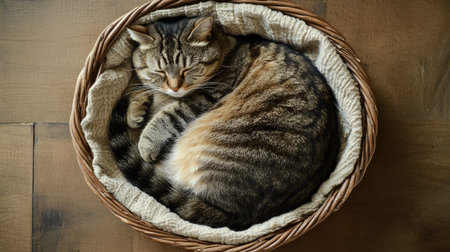 A top-down view of a chubby cat curled up in a basket with soft bedding, showing its round body and content face, highlighting its cozy and cute resting place.の素材