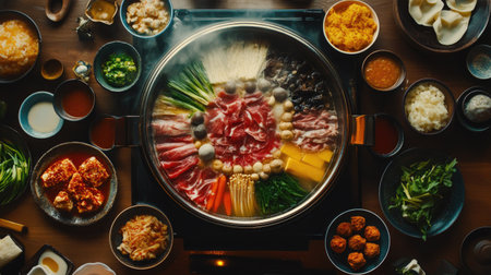 A top-down view of a shabu-shabu hot pot with a selection of colorful ingredients cooking in the broth, surrounded by dipping sauces and small bowls of condiments.の素材