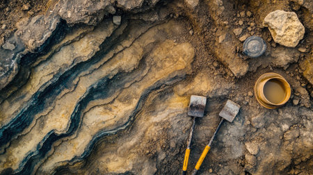 A top-down view of a geological excavation site with layers of soil and rock, showing the exposed Earth's crust and the tools used for exploration.の素材
