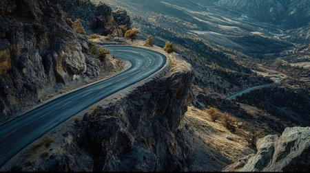 A top-down view of a mountain road snaking along a cliff edge, with sweeping curves and dramatic views of the valley below, emphasizing the road scenic and adventurous nature. -の素材