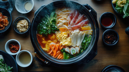 A top-down view of a shabu-shabu hot pot with a selection of colorful ingredients cooking in the broth, surrounded by dipping sauces and small bowls of condiments.の素材