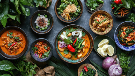 A vibrant Thai feast featuring a variety of bowls with different colors and textures, presented alongside traditional Thai dishes and garnished with fresh herbs.の素材
