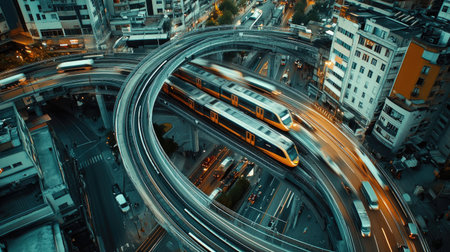 A top-down view of an electric train moving along elevated tracks, with city buildings and traffic visible below, showcasing the integration of rail and urban landscapes.の素材