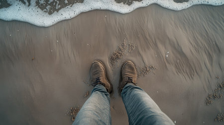 A top-down view of a person legs and feet as they walk on a sandy beach, showcasing the movement and natural interaction between the body and the environment.の素材
