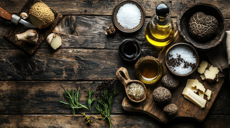 A top-down view of a rustic wooden table with a variety of truffle-based products, such as truffle oil, truffle salt, and whole truffles, showcasing their culinary applications. -の素材