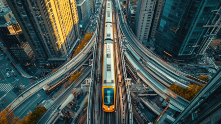 A top-down view of an electric train moving along elevated tracks, with city buildings and traffic visible below, showcasing the integration of rail and urban landscapes.の素材