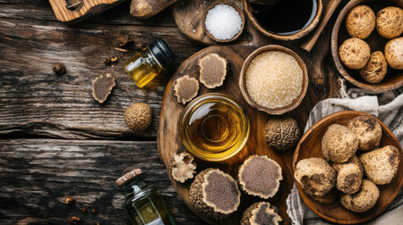 A top-down view of a rustic wooden table with a variety of truffle-based products, such as truffle oil, truffle salt, and whole truffles, showcasing their culinary applications. -の素材