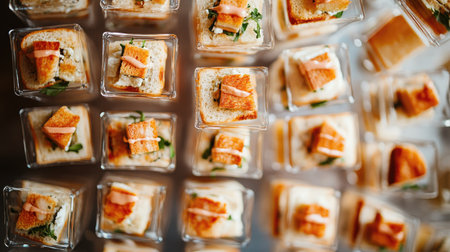 A top-down view of floating appetizers like mini sandwiches and cheese cubes on a serving tray with a layer of clear gel, creating an elegant presentation.の素材