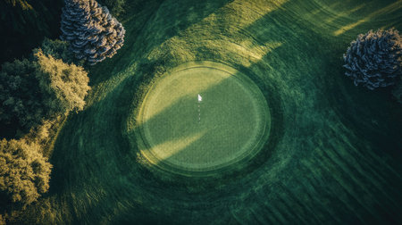 A top-down view of a golf course with a flagstick and hole, showing the rolling terrain and well-manicured greens, with golfers in the distance.の素材