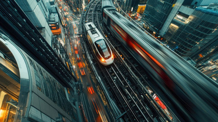 A top-down view of an electric train moving along elevated tracks, with city buildings and traffic visible below, showcasing the integration of rail and urban landscapes.の素材