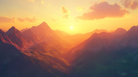 A view of a mountain range at sunset, with the warm golden light bathing the peaks and creating a stunning contrast with the cool shadows in the valleys below.の素材