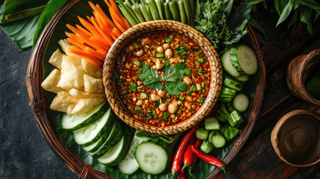A traditional Thai dish featuring a bowl of served with an assortment of fresh vegetables, such as cucumber, carrots, and green beans, ready for dipping.の素材