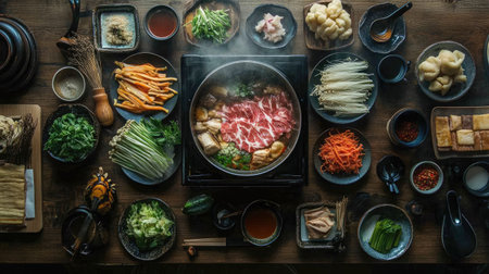 A top-down view of a table set for shabu-shabu, with a hot pot in the center surrounded by various fresh ingredients, dipping sauces, and utensils for cooking. -の素材