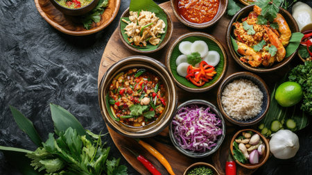 A vibrant Thai feast featuring a variety of bowls with different colors and textures, presented alongside traditional Thai dishes and garnished with fresh herbs.の素材