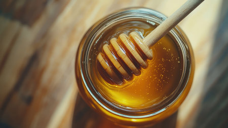 A top-down view of a wooden honey dipper resting on a jar of honey, with the amber liquid reflecting the light, emphasizing the natural and organic qualities.の素材