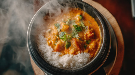 A top-down view of a steaming bowl of hot rice with a flavorful curry sauce, steam curling above the dish, emphasizing the richness and warmth of the meal.の素材