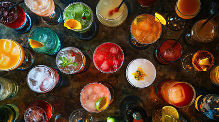 A top-down view of an assortment of popular cocktails on a bar counter, including mojitos, margaritas, and martinis, with garnishes and colorful decorations. -の素材