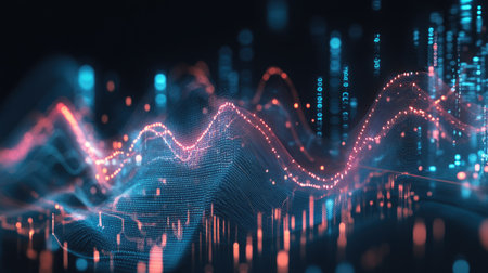 A wide-angle view of a 3D line graph with multiple data series, showing curves and intersections in a dynamic and detailed digital presentation.の素材