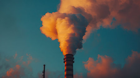 Close-up of smoke billowing from a factory chimney, with industrial structures in the background,の素材