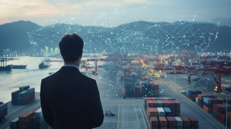 Business executive engaging with a digital interface featuring a global logistics network map. Highlighted elements include air cargo, trucking routes, and rail connections.の素材