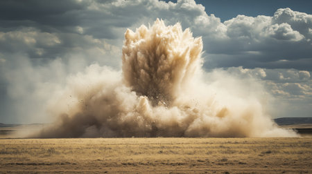 A wide-angle view of a controlled explosion on a test field, with a massive cloud of dust and debris rising, showcasing the power and scale of the explosion.の素材