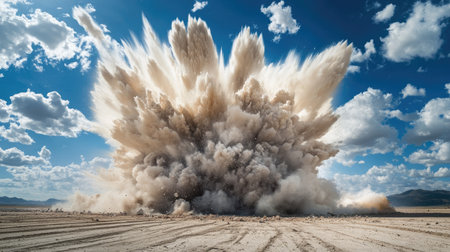 A wide-angle view of a controlled explosion on a test field, with a massive cloud of dust and debris rising, showcasing the power and scale of the explosion.の素材