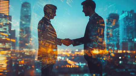 Close-up of two young professionals shaking hands. Double exposure with a dynamic cityscape background, blending their handshake with urban lightsの素材