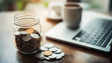 A wide-angle view of a savings jar next to a cup of coffee and a laptop, depicting a modern approach to personal finance and saving while managing expenses.の素材