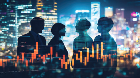 Business team in formal attire on a blurred city background, with a dynamic forex chart superimposed. Represents global trade and financial market analysis.の素材