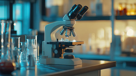 Close-up of a microscope in a microbiology lab, surrounded by laboratory glassware and scientific equipment. Ideal for healthcare and medical research visuals.の素材