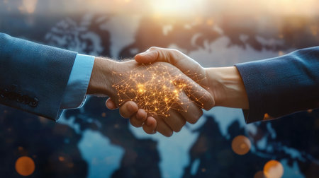 Business deal handshake for smart logistics success. Global network and world map background showcasing teamwork and investment in transportation and distribution.の素材