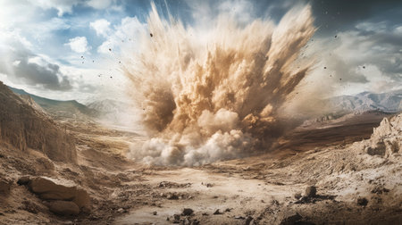 A wide-angle view of a military explosion with a large shockwave and smoke cloud, set against a rugged landscape, illustrating the scale and power of the blast.の素材