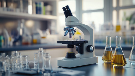 Detailed view of a microscope with laboratory glassware and scientific equipment in a modern microbiology lab. Suitable for healthcare and medical research concepts.の素材